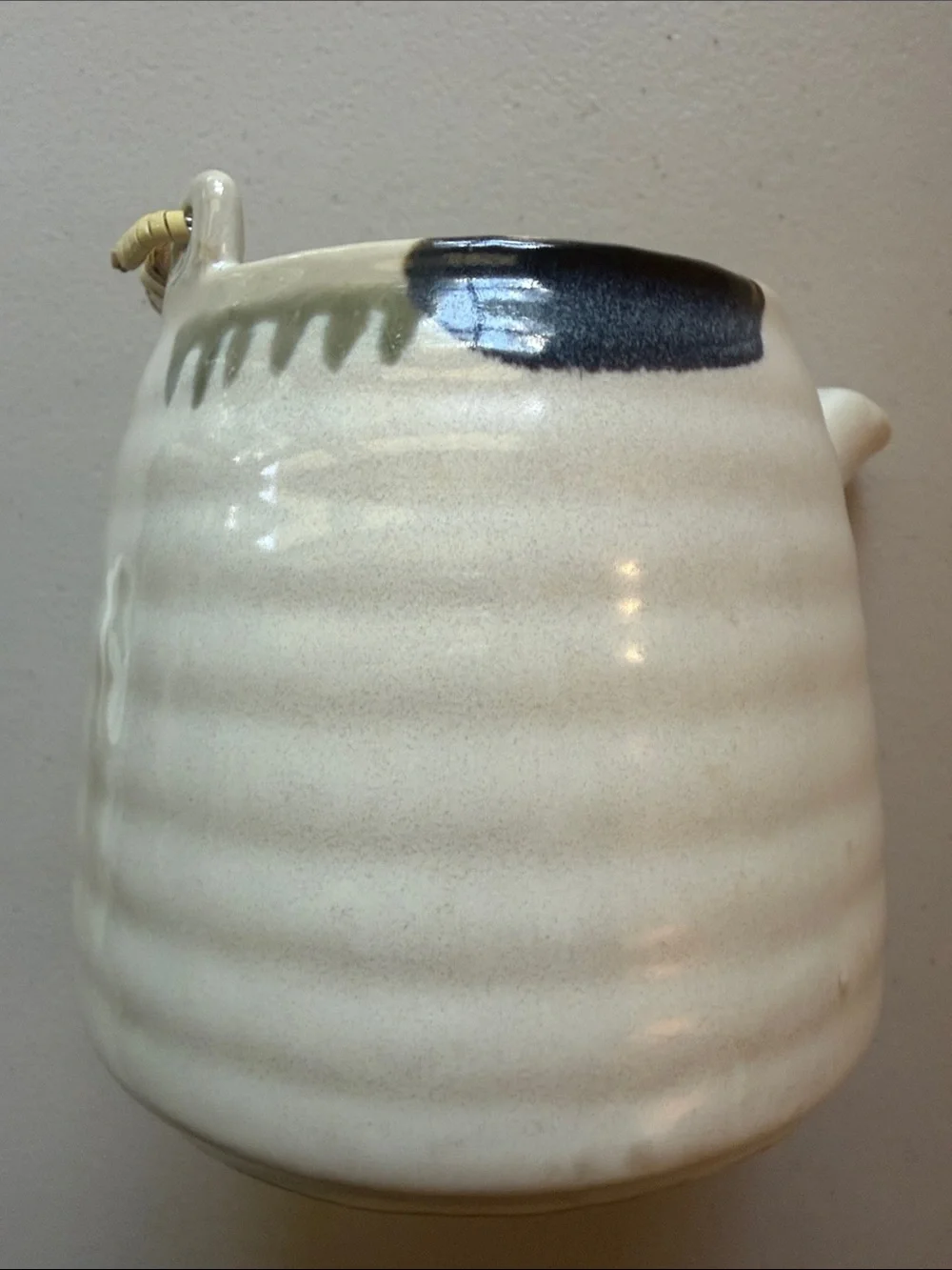 Cost Plus World Market Cream Ceramic Teapot with Bamboo Handle Dark Blue Accents